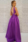 Simple A-Line Deep V-Neck Backless Long Purple Satin Prom Dress with Pockets HZ0527