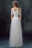 Simple Tulle Off Shoulder Floor-Length Short Sleeves A-line Lace Up Back Wedding Dress HZ0527