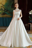 Ivory High Neck Ball Gown Lace Applique Cheap Wedding Dresses HZ0527