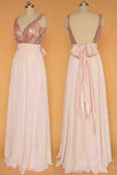 V-neck Rose Gold Chiffon A-line Bridesmaid Dresses,Sequinned Bodice Long Prom Dress HZ0527