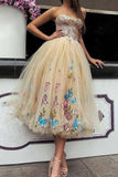 Princess Tea Length Tulle Prom Dresses,Ball Gown Lace Top Strapless Homecoming Dresses HZ0527