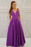 Simple A-Line Deep V-Neck Backless Long Purple Satin Prom Dress with Pockets HZ0527