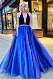 Promfast V Neck Backless Royal Blue Halter Prom Dresses, Long Beaded Formal Evening Dresses HZ0527