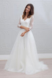Simple 3/4 Sleeves Open Back V neck Charming Tulle Wedding Dress HZ0527