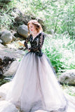 Charming Black Lace Puffy Prom Dress,Long Sleeves Open Back Tulle Wedding Dress HZ0527