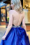 Promfast V Neck Backless Royal Blue Halter Prom Dresses, Long Beaded Formal Evening Dresses HZ0527