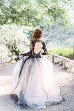 Charming Black Lace Puffy Prom Dress,Long Sleeves Open Back Tulle Wedding Dress HZ0527