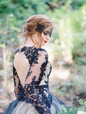Charming Black Lace Puffy Prom Dress,Long Sleeves Open Back Tulle Wedding Dress HZ0527