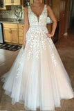 V neck Tulle Lace Long Wedding Dress,Tulle Ball Gown Prom Dress With Appliques HZ0527