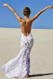 Sexy Mermaid Lace White Halter V-Neck Backless Beach Wedding Dress HZ0527