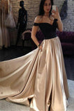 Off Shoulder A-line Satin Black Top Long Cheap Prom Dresses HZ0527