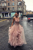 Pink Tulle Lace Appliques Long Prom Dress A Line Evening Gown HZ0527