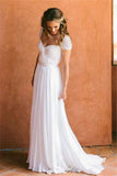 Cheap Sweetheart Beading Cap Sleeves Chiffon A-Line Pleats Wedding Dress HZ0527