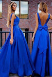 Sexy A-Line V-Neck Sweep Train Backless Royal Blue Prom Dress with Bowknot Pleats HZ0527