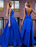Sexy A-Line V-Neck Sweep Train Backless Royal Blue Prom Dress with Bowknot Pleats HZ0527