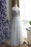 Charming Gray A Line Tulle Long Floral Simple Sleeveless Long Prom Dress HZ0527
