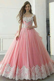 Pink Ball Gown Appliqued A Line Long Prom Dress,Pretty Quinceanera Dress HZ0527
