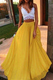 Two Pieces Yellow White Long A Line Sexy Prom Dresses,Lace Formal Evening Gown HZ0527