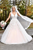 Elegant A-line Long V-neck Long Pink Lace Appliques Wedding Dress HZ0527