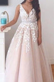 Elegant A-line Long V-neck Long Pink Lace Appliques Wedding Dress HZ0527