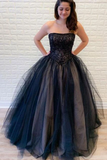 Promfast Ball Gown Strapless Lace Up Back Black Lace Appliques Prom Dresses, Sweet 16 Dresses HZ0527