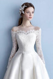 Elegant Off the Shoulder Long Sleeve Satin A Line Lace Plus Size Wedding Dress HZ0527
