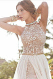 A-line Sexy High Neck Lace Bodice Beach Wedding Dress,Ivory Chiffon Prom Dress HZ0527