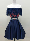 Two Piece Off the Shoulder Floral Satin Dark Blue Homecoming Dresses HZ0527