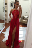 Unique A-Line Halter Split-Front Prom Gown,Chiffon Long Evening Dress,Sexy Prom Dresses HZ0527