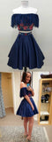 Two Piece Off the Shoulder Floral Satin Dark Blue Homecoming Dresses HZ0527