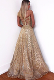 Promfast Glitter Gorgeous A-Line Sweetheart Cross Back Gold Sequins Long Prom Dresses HZ0527