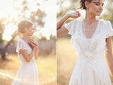 Charming A-Line Ivory V-Neck Chiffon Wedding Dresses,Cheap Bridal Dress HZ0527
