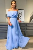 Promfast A Line Off the Shoulder Chiffon Blue Long Prom Dresses, Elegant Formal Dresses HZ0527