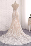 Unique Mermaid White Sleeveless Prom Dress,Lace Long Sweep Train Wedding Dress HZ0527