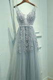 Gray Tulle Long V-neck Evening Dresses, A Line Applique Prom Dress HZ0527