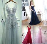 Gray Tulle Long V-neck Evening Dresses, A Line Applique Prom Dress HZ0527