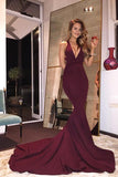 Gorgeous V-neck Mermaid Prom Dress with Train, Burgundy Long Prom Dress 2025 Prom Dress HZ0527