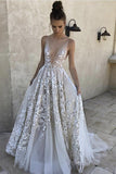 Elegant A Line Deep V-Neck Ivory Tulle Long Prom Dress with Lace Appliques HZ0527