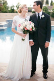 Lace A-Line Beading Ivory Half Sleeve Chiffon Long Wedding Dress HZ0527