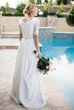 Lace A-Line Beading Ivory Half Sleeve Chiffon Long Wedding Dress HZ0527