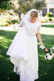 Lace A-Line Beading Ivory Half Sleeve Chiffon Long Wedding Dress HZ0527