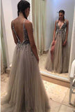 Backless Rhinestone tulle Deep V-neck Sexy prom dress online, Long Split Prom Dress HZ0527