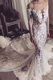 White Lace Appliques Mermaid Long Sleeves Tulle Wedding Dress HZ0527