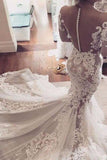White Lace Appliques Mermaid Long Sleeves Tulle Wedding Dress HZ0527