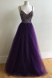 Purple A-Line Ball Gown Spaghetti Straps Tulle Long Prom Dress with Beading HZ0527