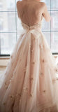 Vintage Strapless Sweetheart A Line Flower Tulle Pearl Pink Wedding Dress HZ0527