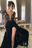 A-line Black Long Sleeve Chiffon Split Lace Prom Dress,2025 Sexy Long Evening Dresses HZ0527