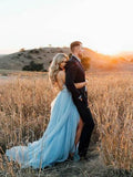 Sexy Split Sky Blue Beach Simple Wedding Dresses Chiffon Long Prom Dress HZ0527