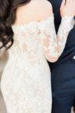 Cheap Off Shoulder White Lace Long Sleeves Mermaid Wedding Dresses HZ0527