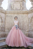Princess Cap Sleeves Ball Gown Bateau Lace Bow-knot Pink Tulle Wedding Dresses HZ0527